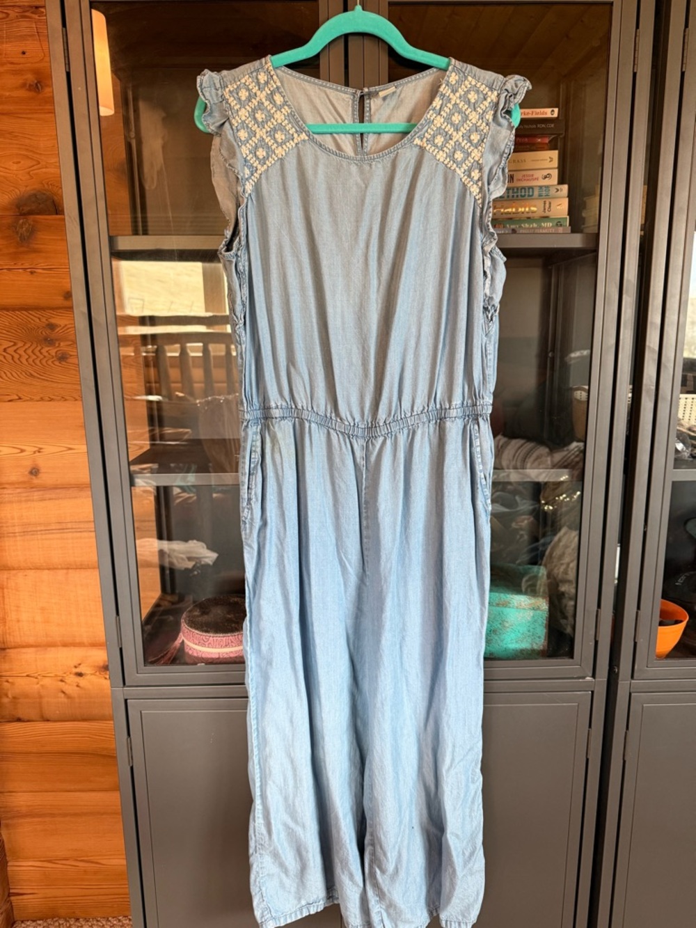 Old Navy Light Blue Denim-Style Jumpsuit with Embroidered Shoulders